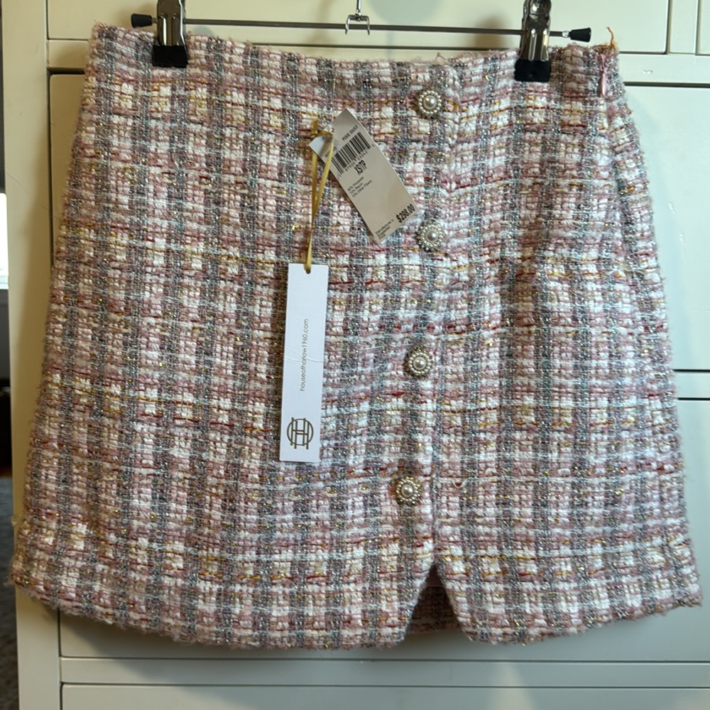 House of Harlow pink plaid mini skirt with pearl buttons